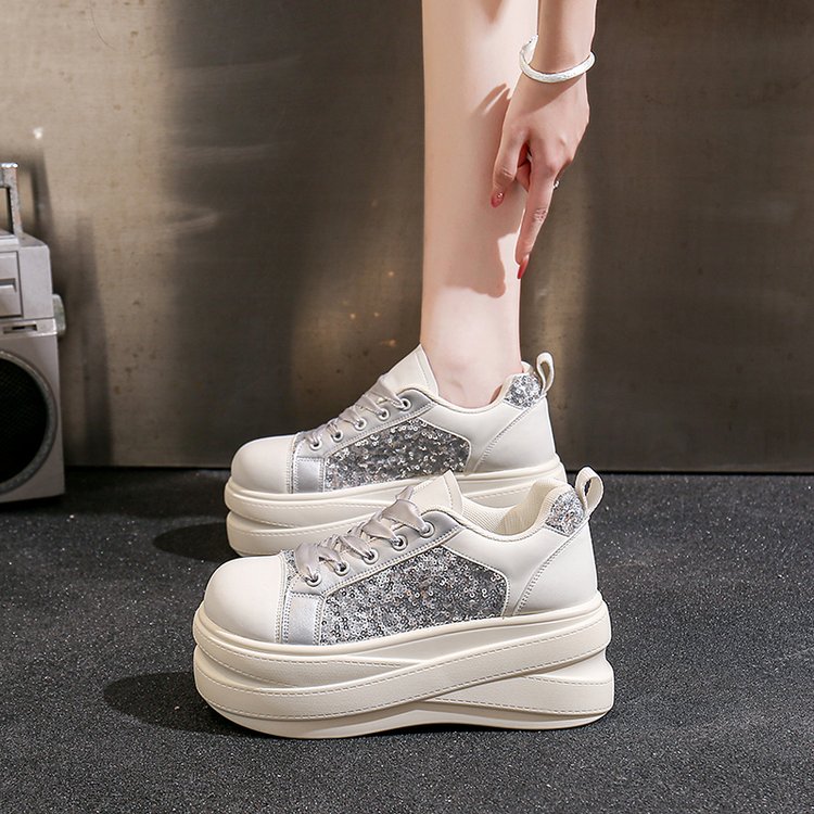 Women Glitter Sequin Panel Platform Sneakers Faux Leather Multi Layer Thick Sole Lace Up Chunky Trainers Round Toe Pull Tab Low Top Sparkly Street Fashion Daily Casual Shoes 5