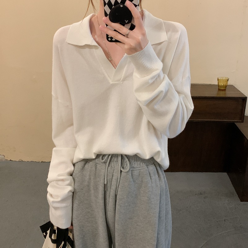 Polo Collar Long Sleeved Knitted Western Style Cropped Top Sweater