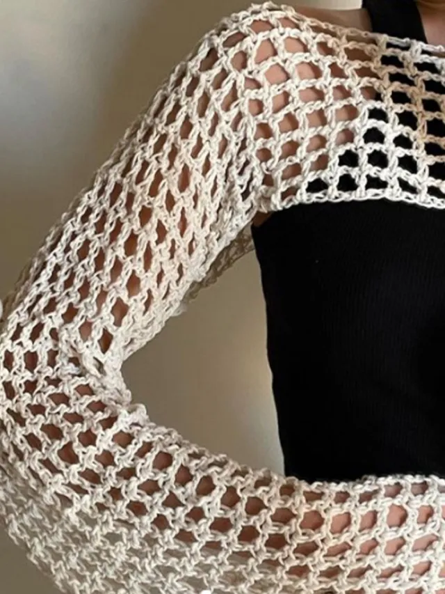 Solid Color Round Neck Long Sleeve Knitted Blouse Off White - Shop at LoveMi