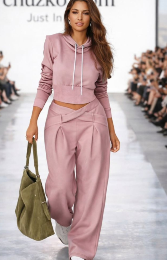Soft Dusty Rose Casual Tracksuit, Cropped Hood Top Cross Waist Flowy Wide Leg Pants Co-ord Set