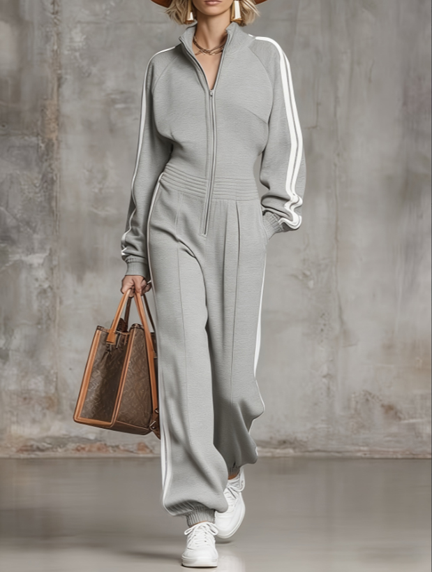 Stand Up Collar Zipper Striped Wide Leg Jumpsuit