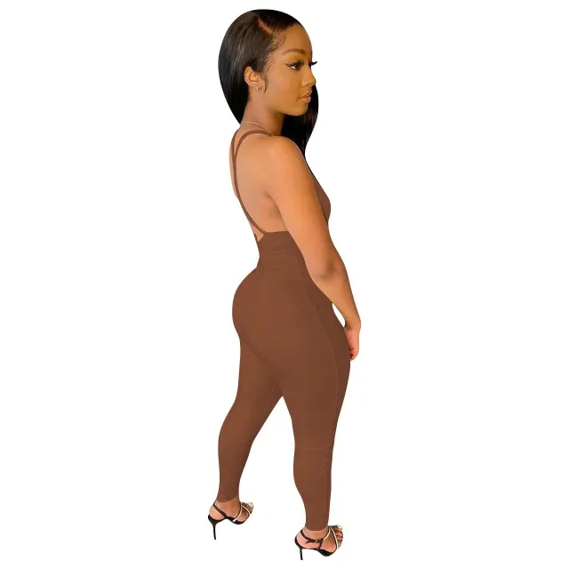 European And American Women's Ribbed Suspender Backless Jumpsuit Coffee - Shop at LoveMi