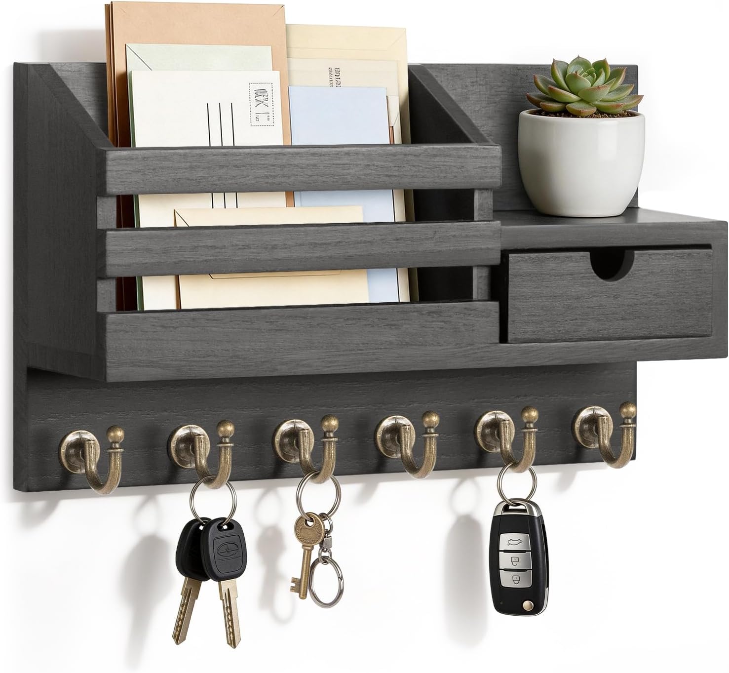 Wall Mount Key Holder With Drawer And 6 Sturdy Hooks, Black Key Rack Organizer For Entryway, Home And Office