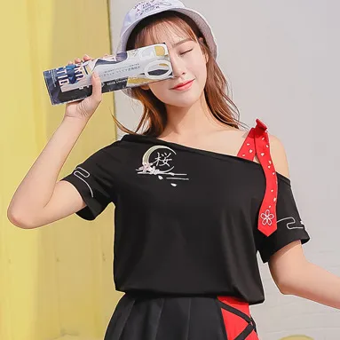 Thin Scheming Off the shoulder Halter Short Sleeve T Shirt - Shop at LoveMi
