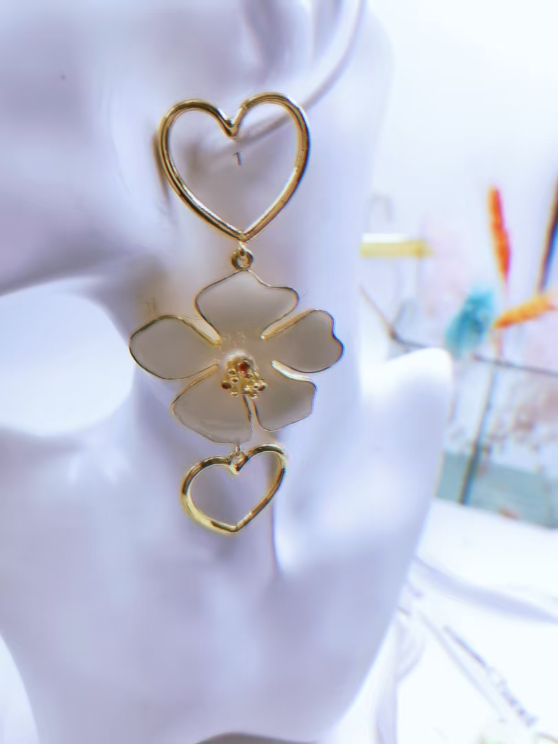 Heart & Flower Double Layer Dangle Earrings - Jewelry & Watches