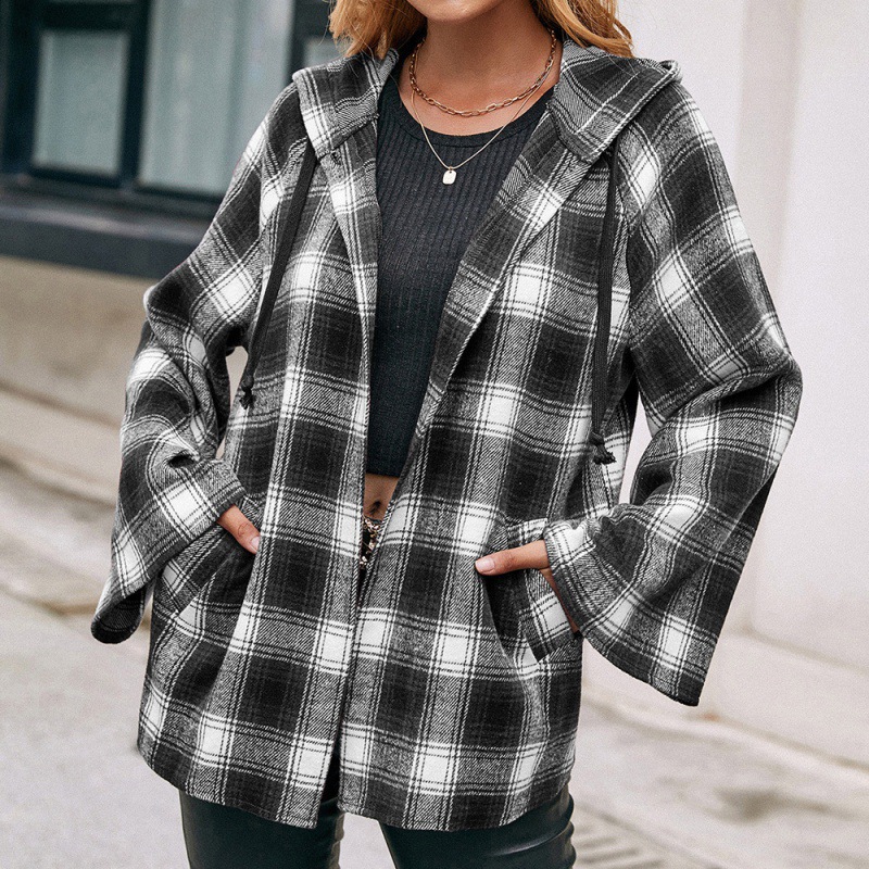 Casual Hooded Cardigan Check Shirt Loose