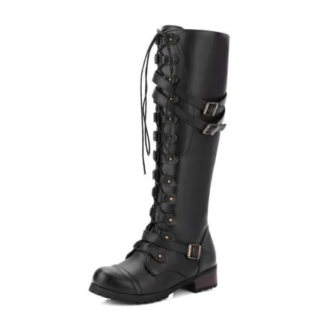 Round Toe Mid heel Lace up Over the knee Boots Black - Shop at LoveMi