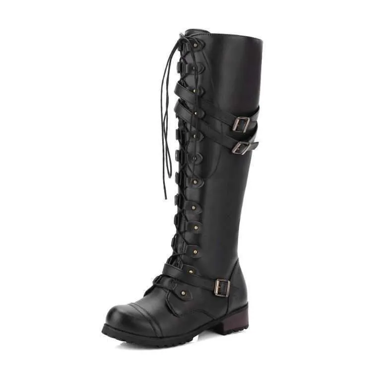 Round Toe Mid-heel Lace-up Over-the-knee Boots - Black