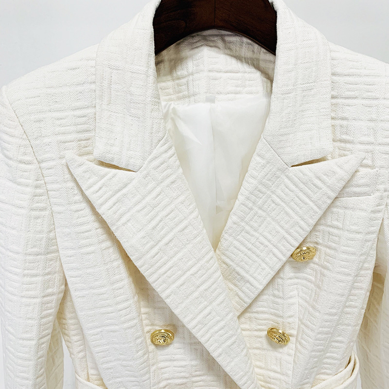 Women's Double Breasted Slim Fit Labyrinth Graphic Cotton And Linen Jacquard Belted Blazer