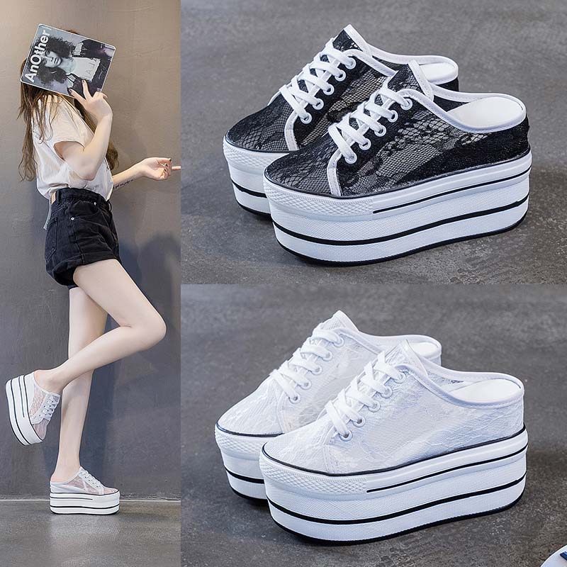 Women's Breathable Lace Mesh Slippers With Thick Bottom Height Increase