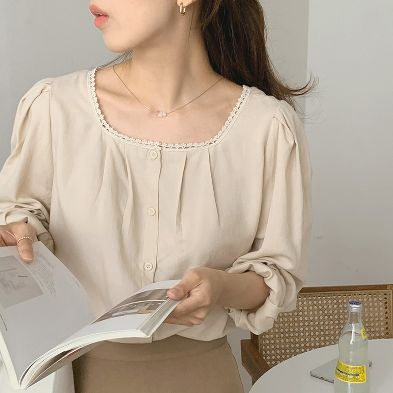 Round Neck Lace Long-sleeved Shirt Retro Shirt
