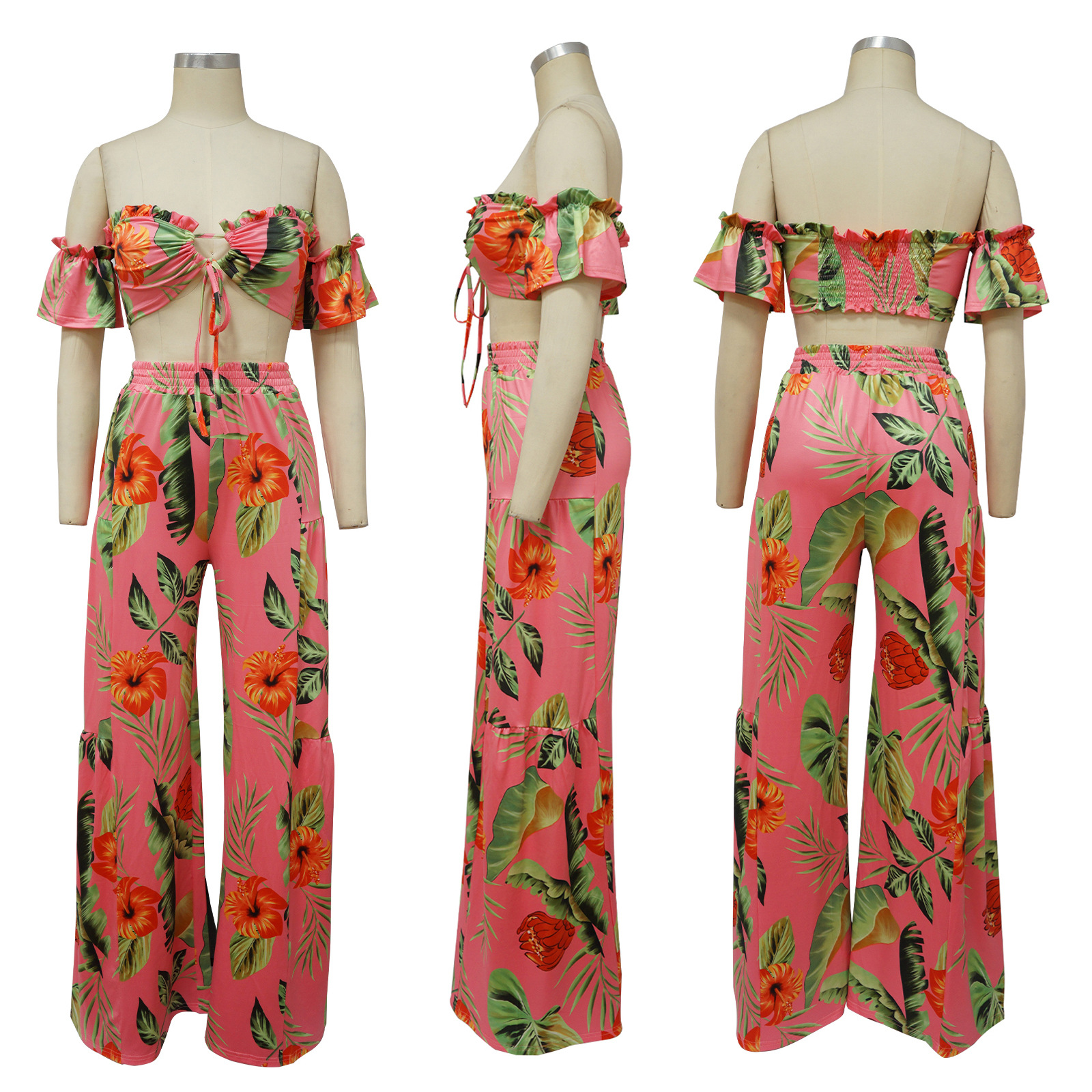 Printed  Casual Suit Oneshoulder Wideleg Pants Twopiece Set