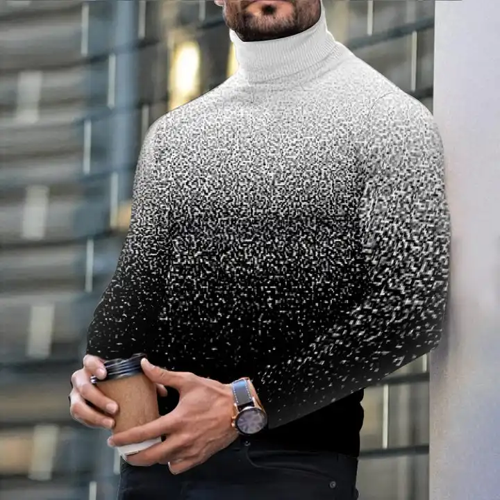 Autumn Winter Men's Long Sleeve Turtleneck T Shirt Printed Casual Top