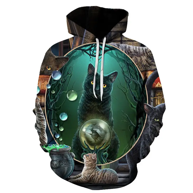 Cute Cat Digital Print Hooded Couple Sweatshirt
