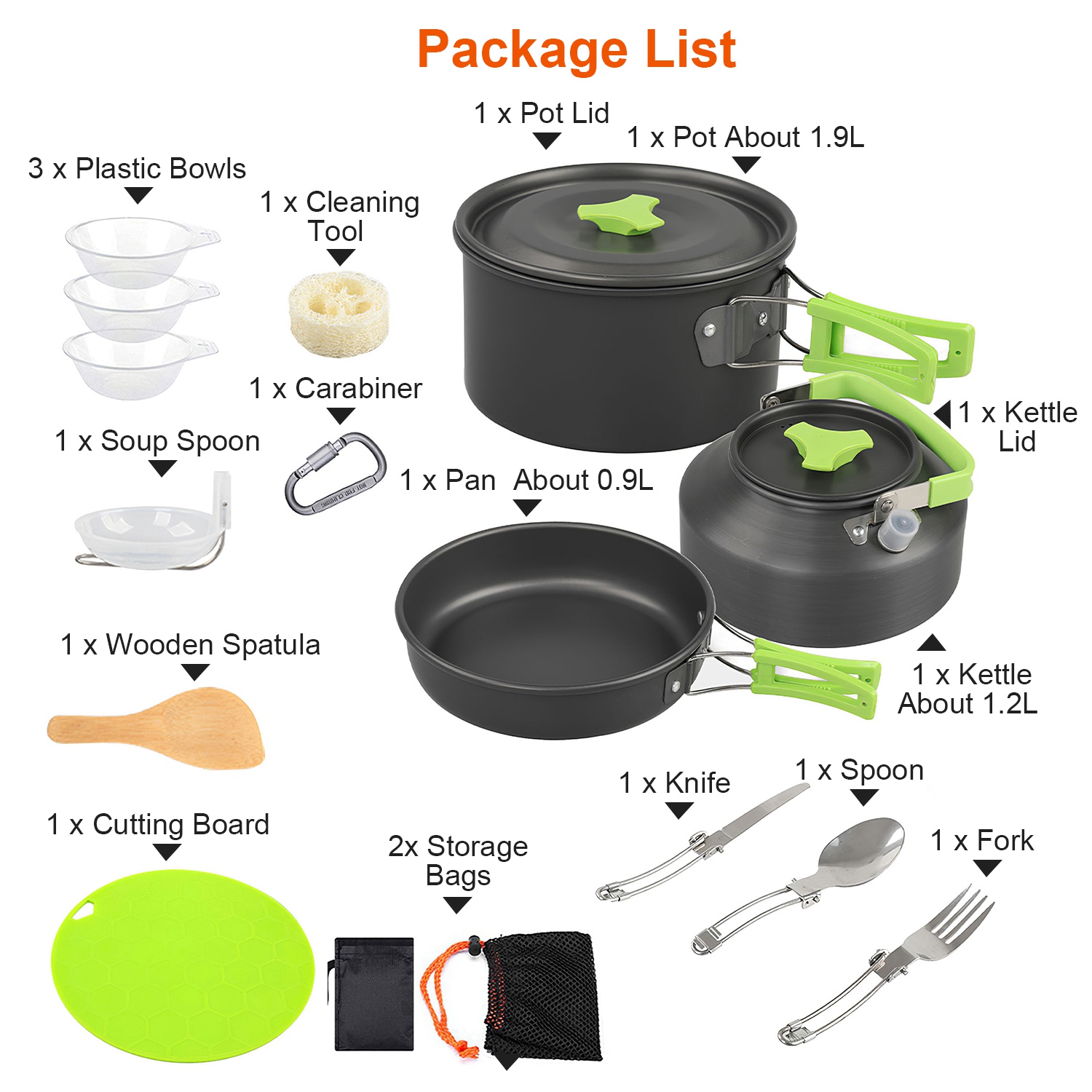 16Pcs Camping Cooking Ware Set Camping Stove Cookware Kit Aluminum Pot Pan Kettle Set With Bowls Knife Fork Spoon Carabiner Spatula Cutting Board For Hiking Picnic Outdoor — foto 2