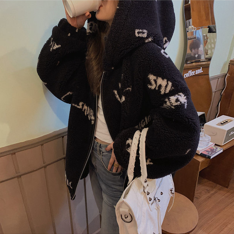 Thickened Sheep Shearing Letters Loose Fashion Plush Jacket Women