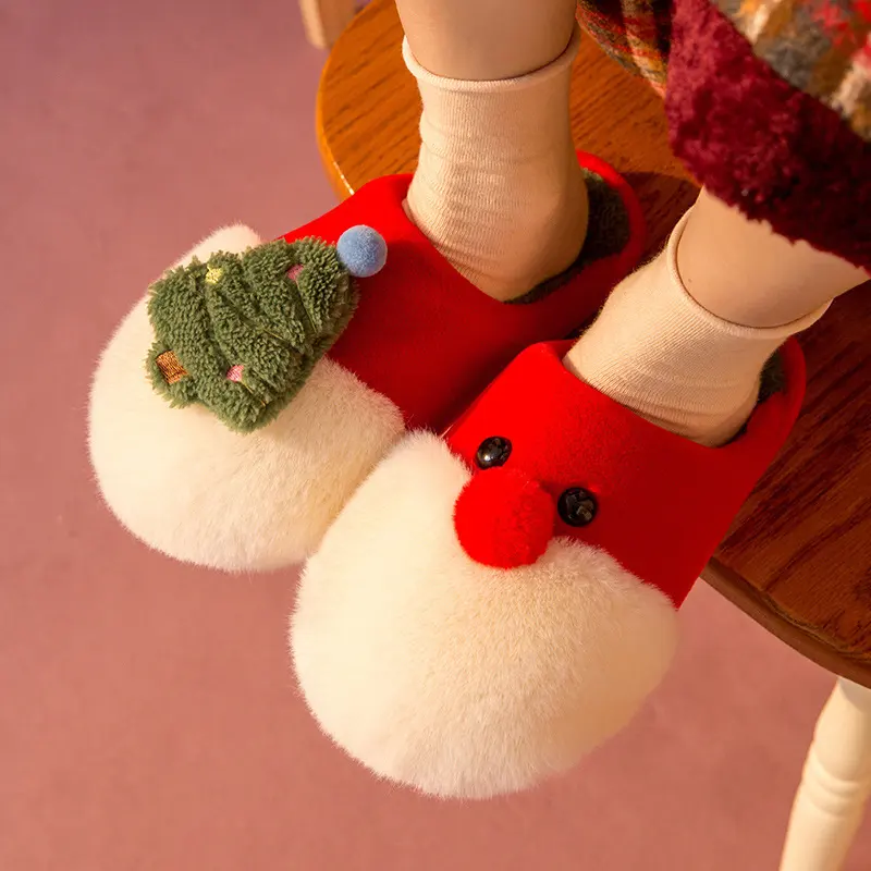 Winter Plush Slippers Christmas Cute Santa Claus and Tree