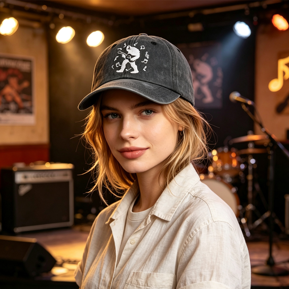 2pcs Guitar Black Baseball Cap For Women Men, Bigfoot Playing Guitar Musical Note Embroidery Hat, Vintage Distressed Cotton Trucker Cap For Summer Out