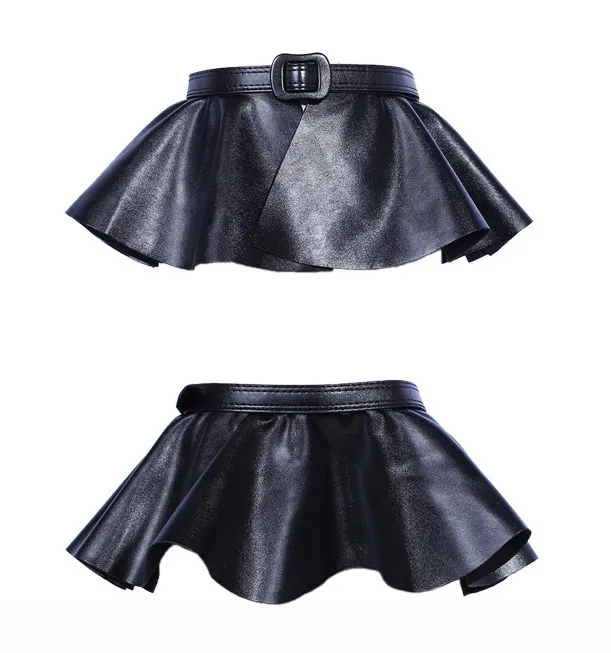 Lychee Pattern Skirt With Ruffled Pu Leather Korean Girdlebelt Black - Shop at LoveMi