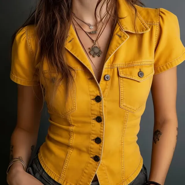 Vintage Waist Cinched Short Style Blazer Collar Short Sleeve Shirt Yellow - Shop at LoveMi