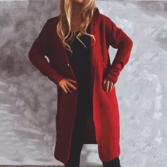 New Women's Single-breasted Solid Colour Long-sleeved Hooded Knitted Long Sweater Cardigan - Wine - View 1