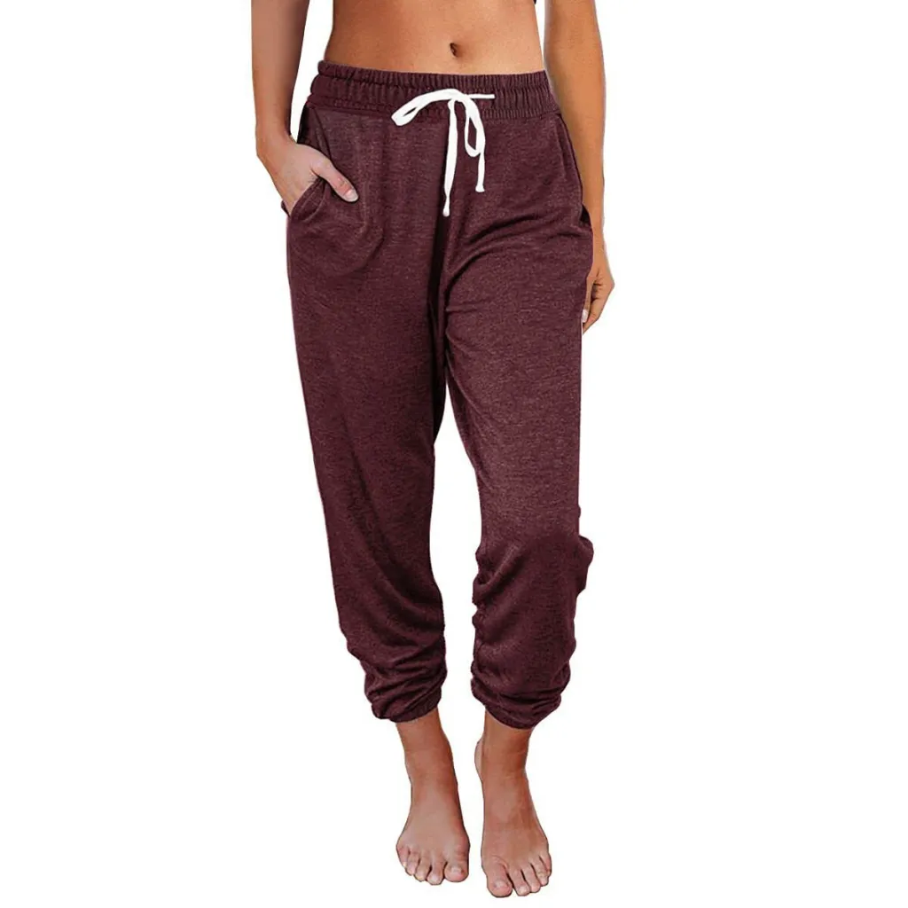 Women's Casual Loose Pocket High Waist Leggings - Wine
