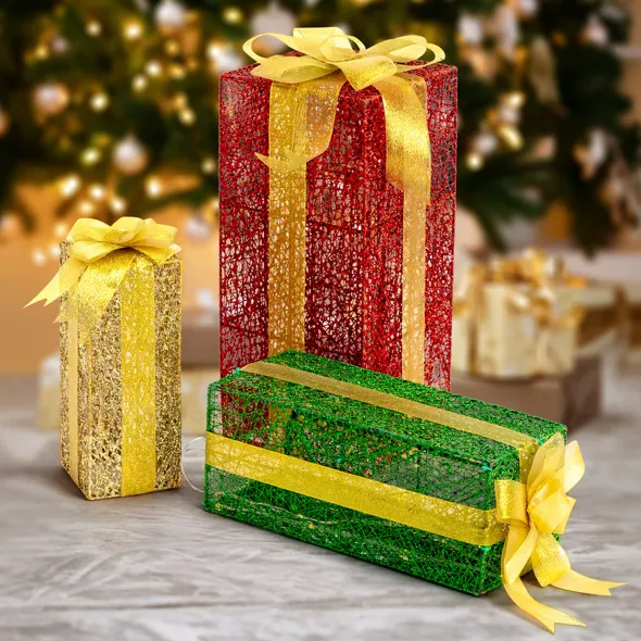 VINGLI Lighted Gift Boxes Set Of 3, Pre-lit Nestable Present Boxes Ornament With