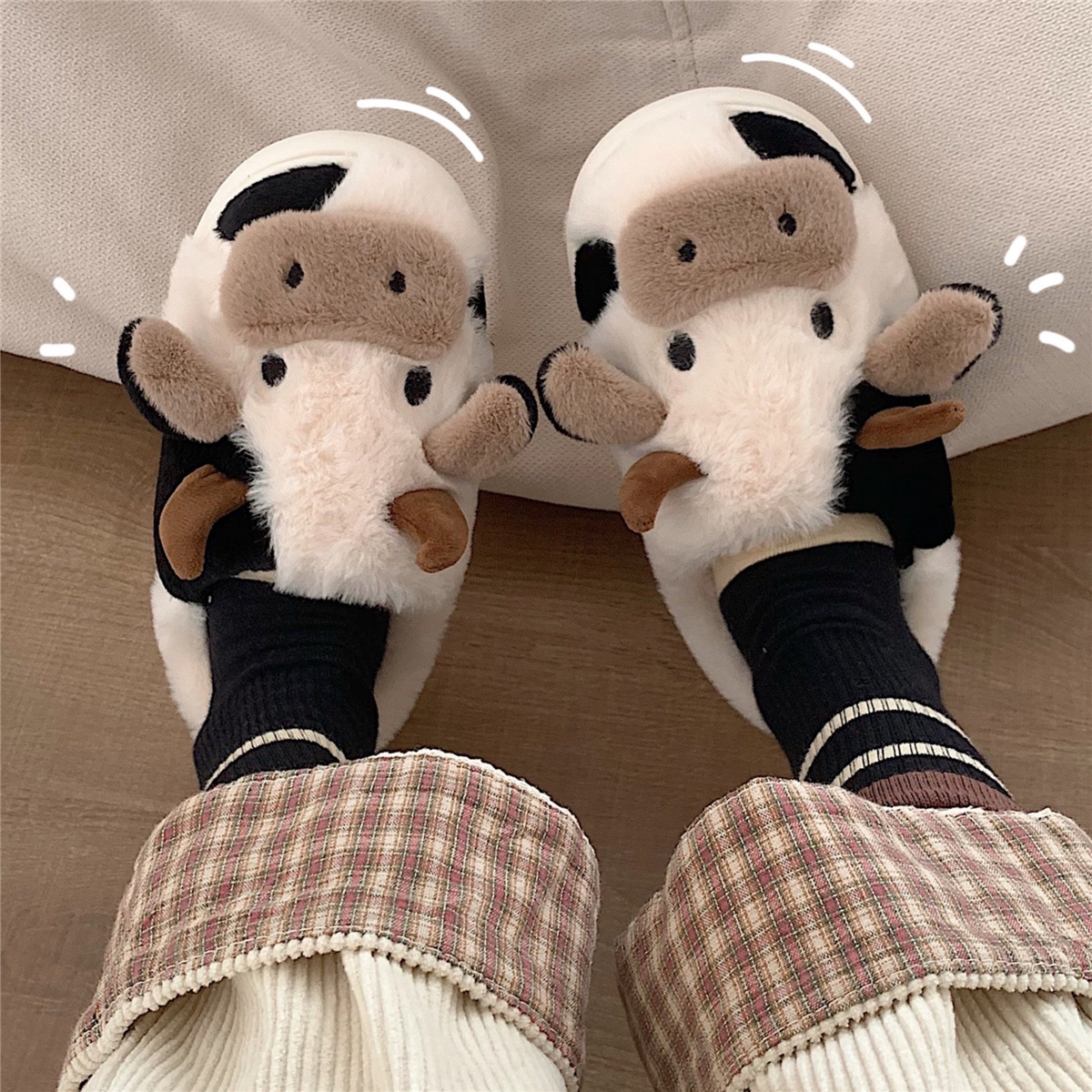 Cartoon Cow Warming Woolen Cotton Slippers Women