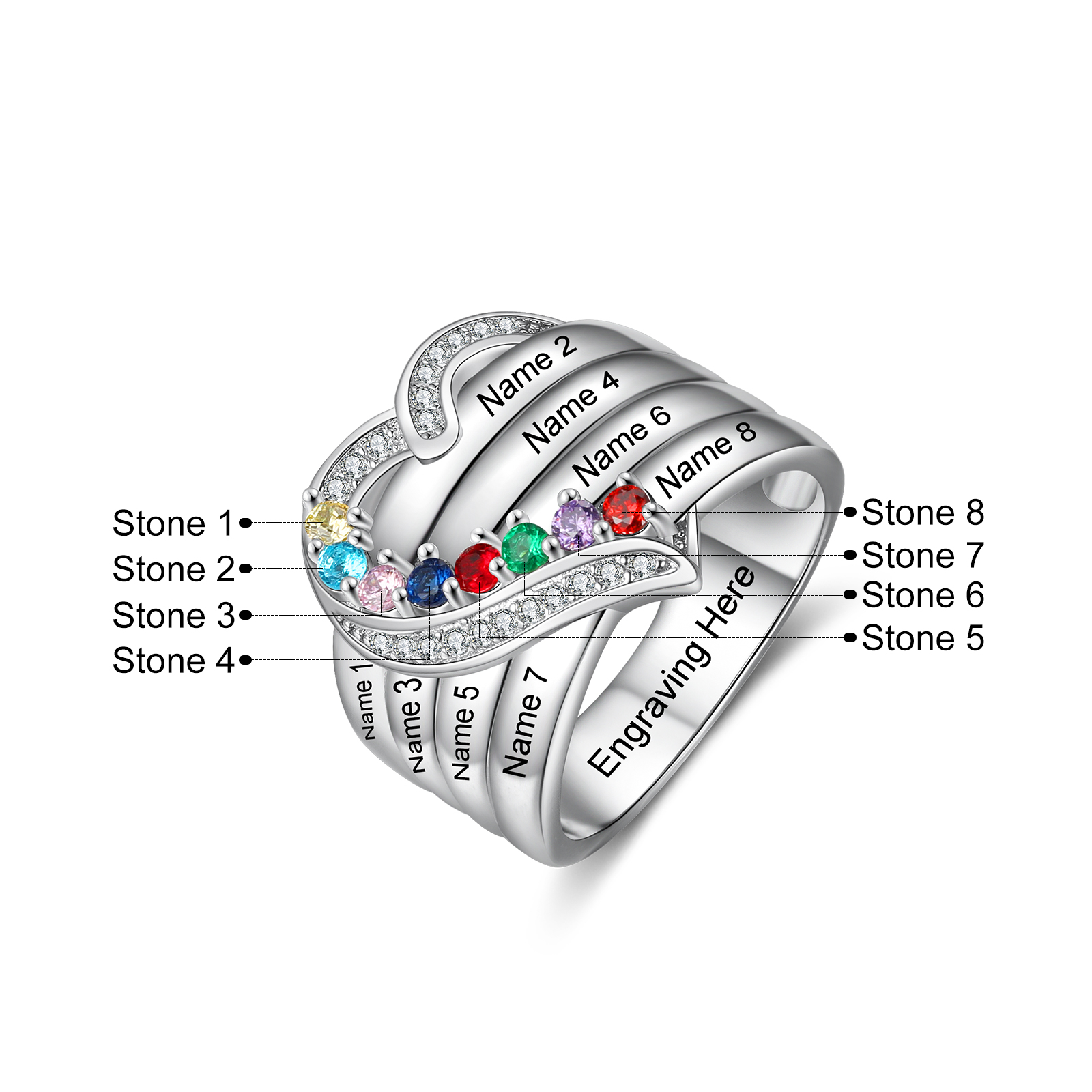 Creative Color Heart-shaped Zircon Carving Ring