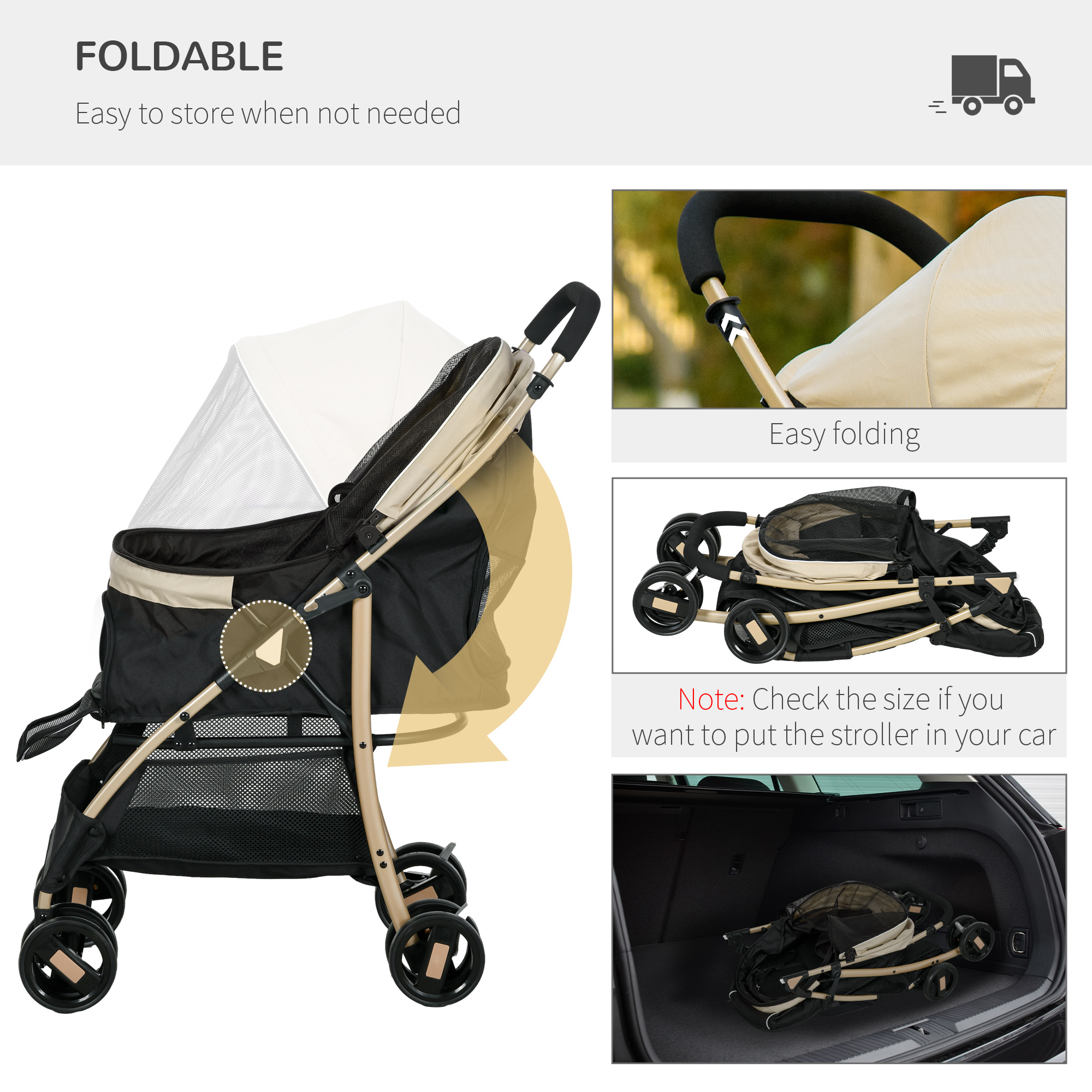 Small And Mini Dog Pet Strollers With Rain Cover - Khaki Color detail photo 4
