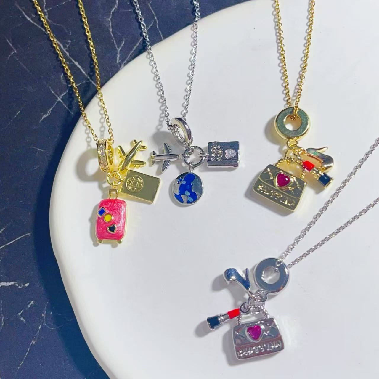 Light Luxury Zircon Airplane Passport Pendant Necklace