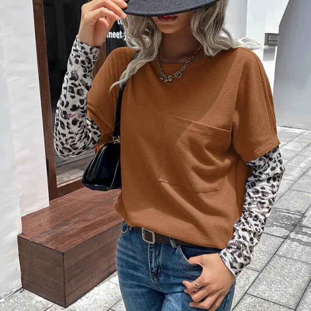 Waffle Solid Color Panel Leopard Print Top Coffee - Shop at LoveMi