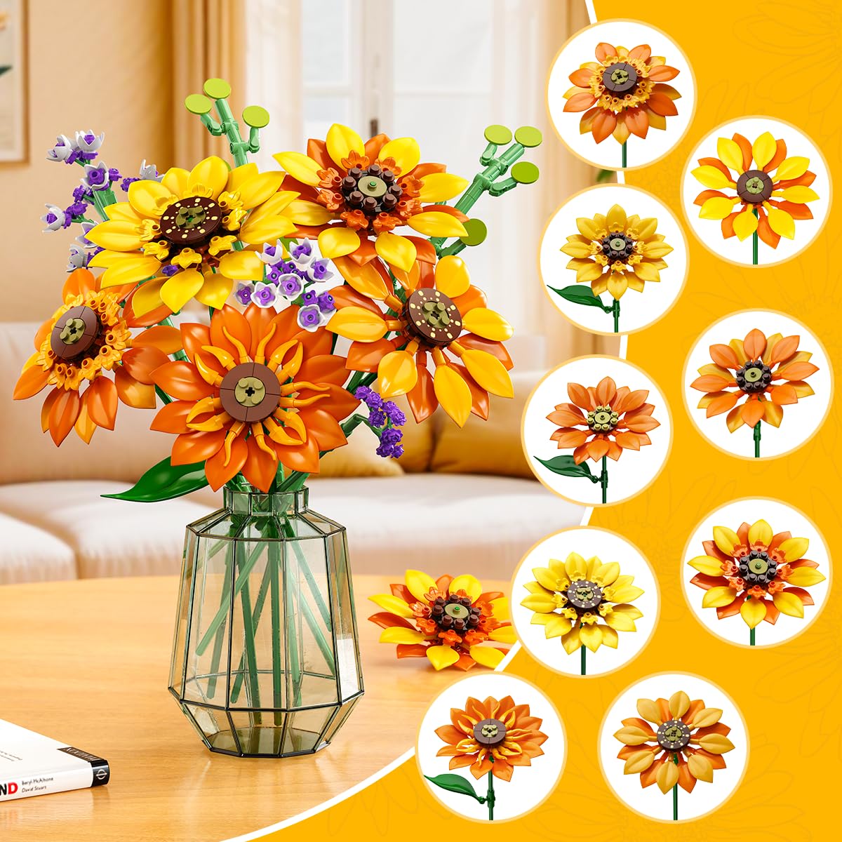 Flowers Sunflower Bouquet Building Set With Lights - 17 Flowers Botanical Artificial Plant Sunflower Building Blocks Art Home Decor Easter Gifts For Adults Women Girl - imagen 1