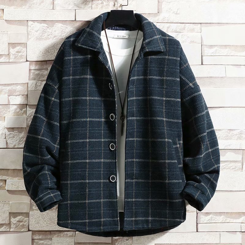 Men's Korean Style Trendy And Handsome Woolen Plaid Trench Coat