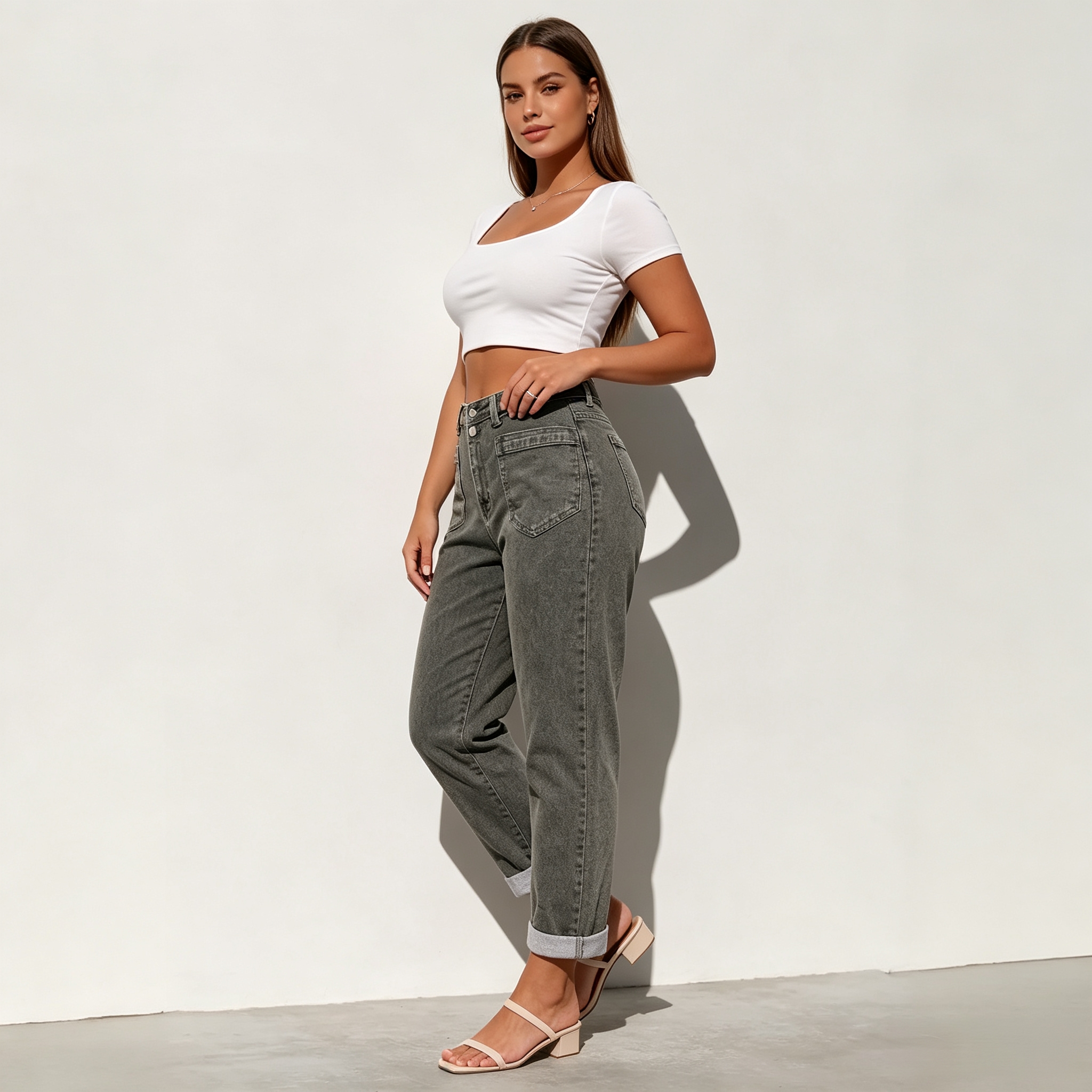 Vintage Grey Jeans Women Plus Size High Waist Relaxed Straight Leg Denim Pants Front Pocket US Stock