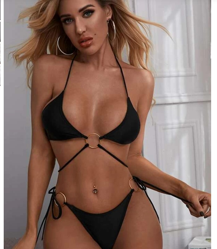 New Split Metal Ring Bikini Split Solid Color Swimsuit