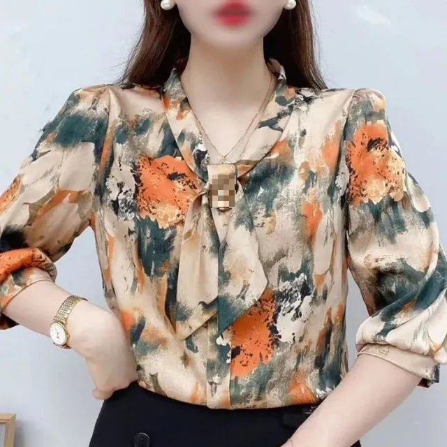 Women's High end Shirt With Beaded Wall Satin Bow Tie Orange - Shop at LoveMi