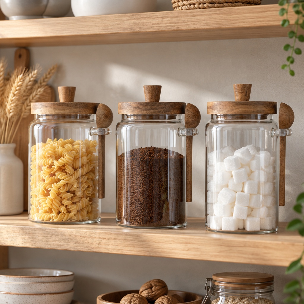 Glass Storage Jar With Acacia Wood Lid And Spoon, Airtight
