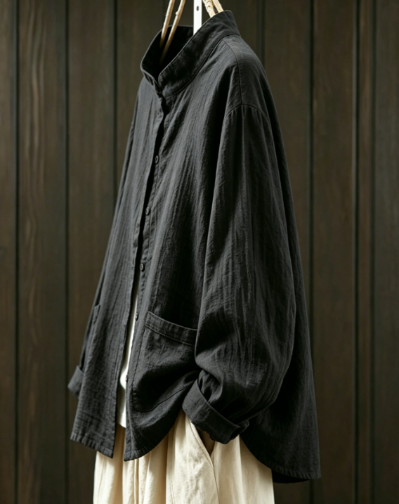 New Chinese Style Stand Up Collar Pleated Cotton Linen Long Sleeved Cardigan Shirt