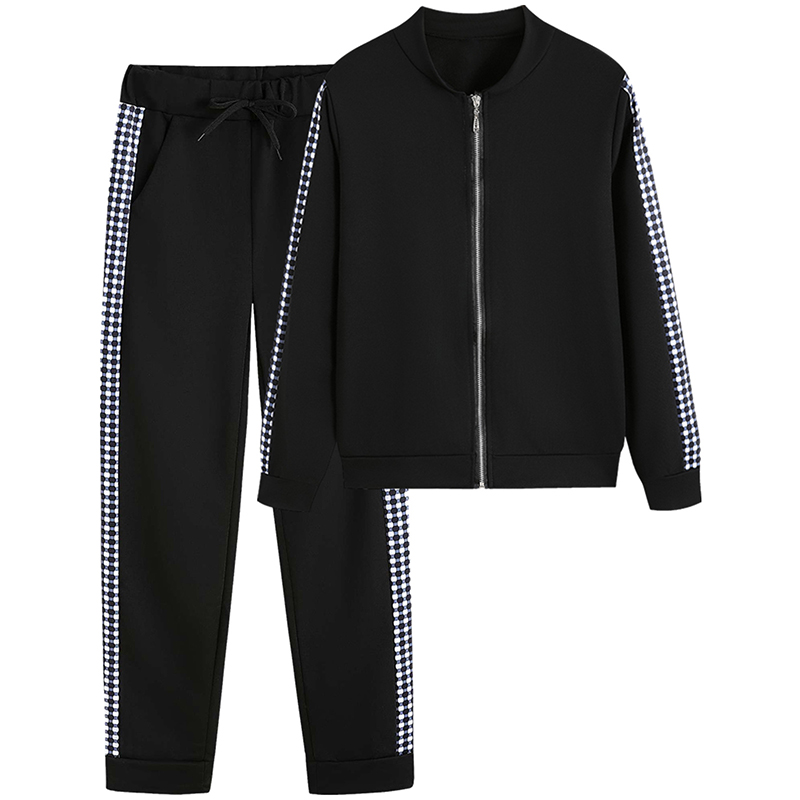 Women's Print & Plaid Zip Front Top With Tie Waist Pants Set, 2 Piece Casual Loungewear For Spring And Fall Black - Shop at LoveMi