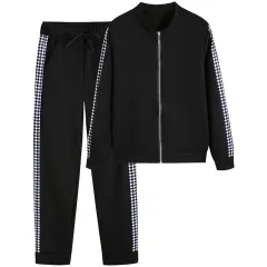 Women's Print & Plaid Zip-Front Top With Tie-Waist Pants Set, 2-Piece Casual Loungewear For Spring And Fall - Black - View 1