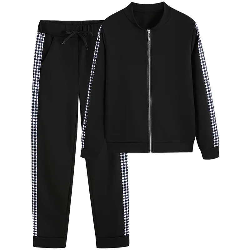 Women's Print & Plaid Zip-Front Top With Tie-Waist Pants Set, 2-Piece Casual Loungewear For Spring And Fall - Black