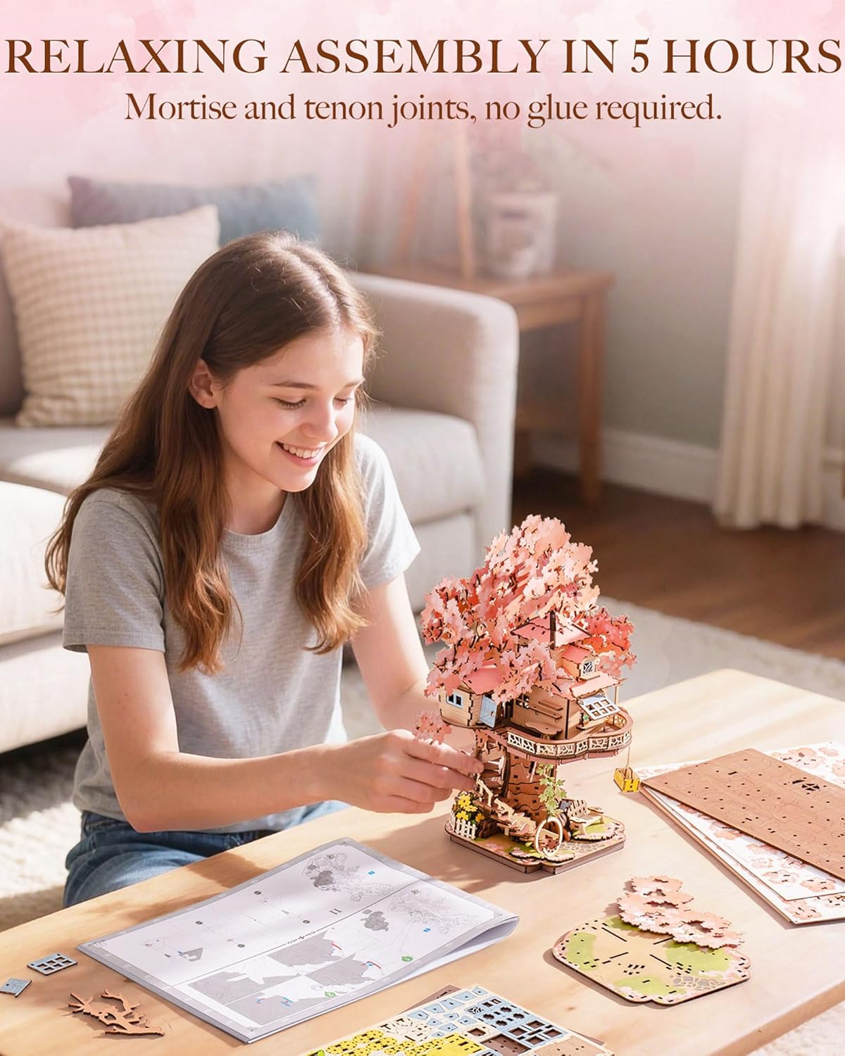 Rolife DIY Miniature Sakura House Set - Sakura Tree House, 3D Wooden Japanese Sakura Building Kit With Swing And Spiral Staircase, 535 Pieces, Bonsai Craft Home Decor Gift For Adults And Teens