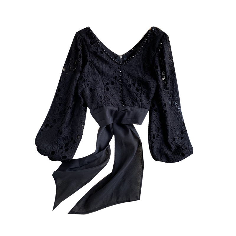 Title 1, Jacket Female Hollow Lace Puff Sleeve Tie Waist...