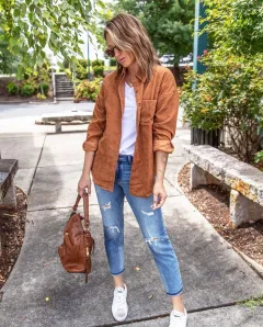 Women's New Fall Winter Shirt Jacket Corduroy Top - Brown - View 1