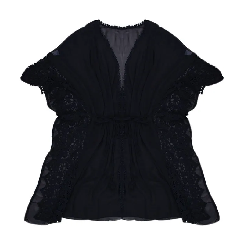Women's Chiffon Lace Beach Coat Smock Sunscreen Jacket Cardigan - Black
