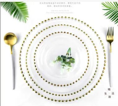 Glass Plate Round Gold Rim Bead Cushion Plate Dinner Plate Gold - Shop at LoveMi