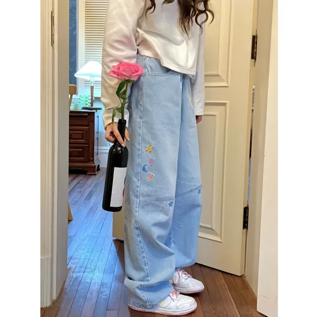 American Colored Embroidered Light Blue Jeans Light Blue - Shop at LoveMi