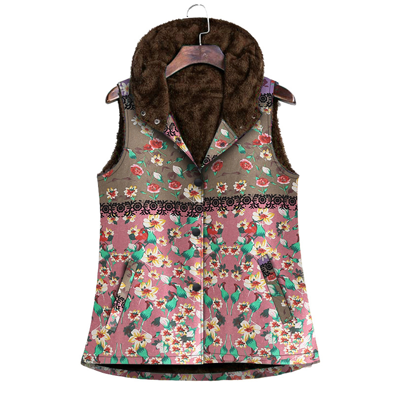 Cotton And Linen Print Plus Velvet Sleeveless Hooded Cotton-padded Jacket