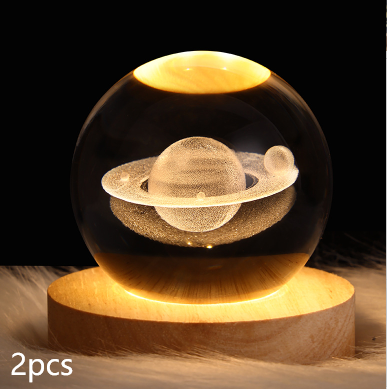 Kleine nachtlamp met kristallen bol, sterrenhemel en planeten – massiefhouten lampvoet, zonnestelsel 6 cm, 2 stuks